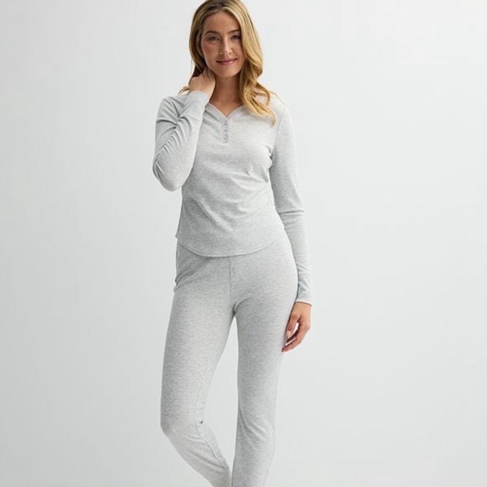 Sonoma Pajama Set Women Waffle Knit Henley Jogger New in pkg Gray w/ pink trim L
